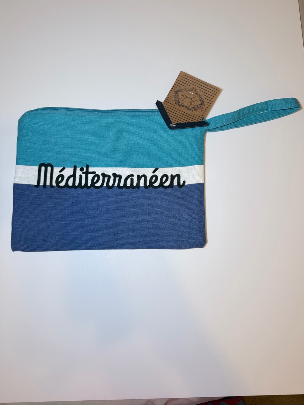 Teal & Navy Large Wristlet Clutch / Pochette with  Mediterranean letters NWT